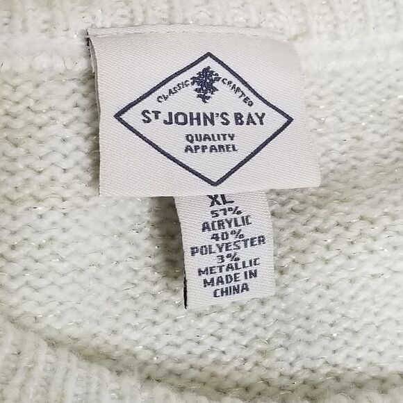 St. John’s Bay Beige Cream Gold Metallic Weave Crew Neck Cable Knit Sweater XL - Picture 7 of 9